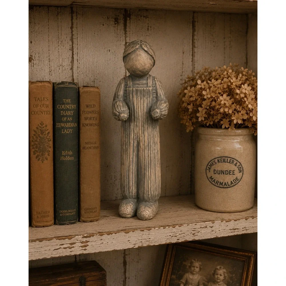 Vintage Ceramic Faceless Boy in Overalls Figurine Blue Grey Rustic Art 10.5
